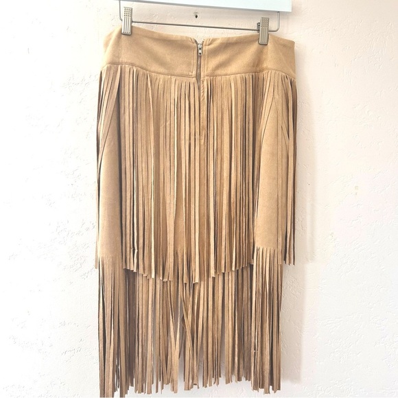 VOCAL Tiered Fringe Faux Suede Knee Length Skirt Size L Tan Western Boho NWT - Picture 7 of 13